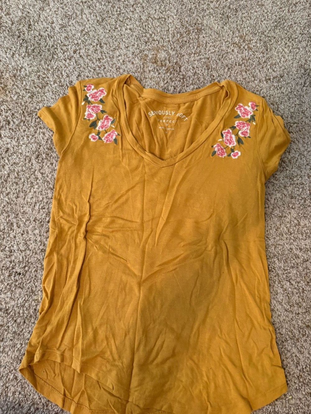 Mustard Short Sleeve V-Neck Tee with Pink Floral Embroidery
